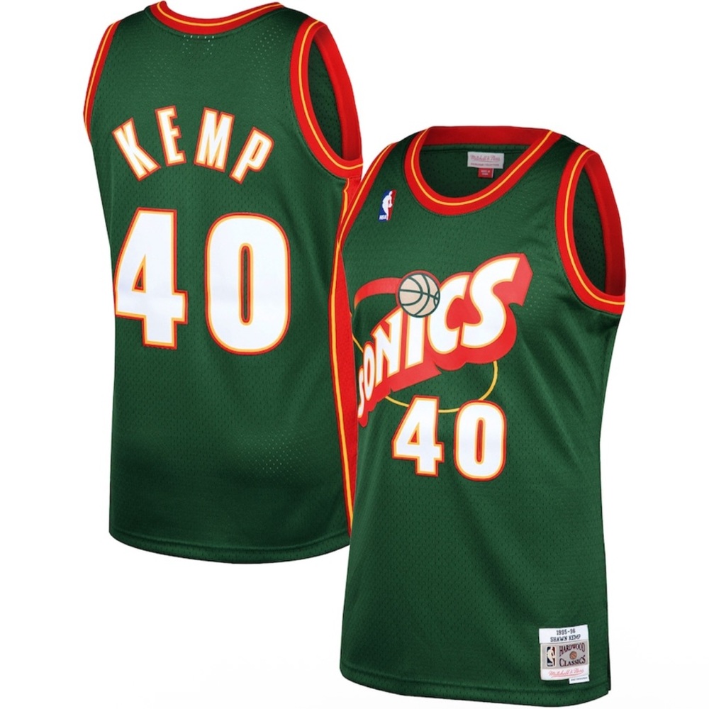 Mitchell & Ness Green Sonics Jersey with Red and White Details